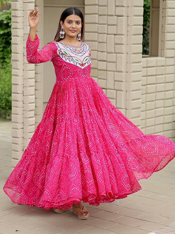 Pink Embroidery Thread Work Bandhani Printed Georgette Gown