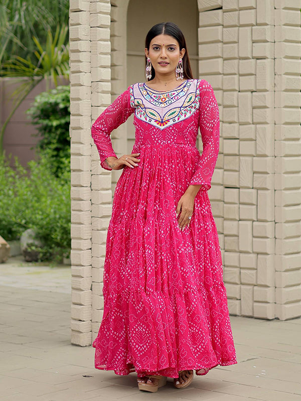 Pink Embroidery Thread Work Bandhani Printed Georgette Gown