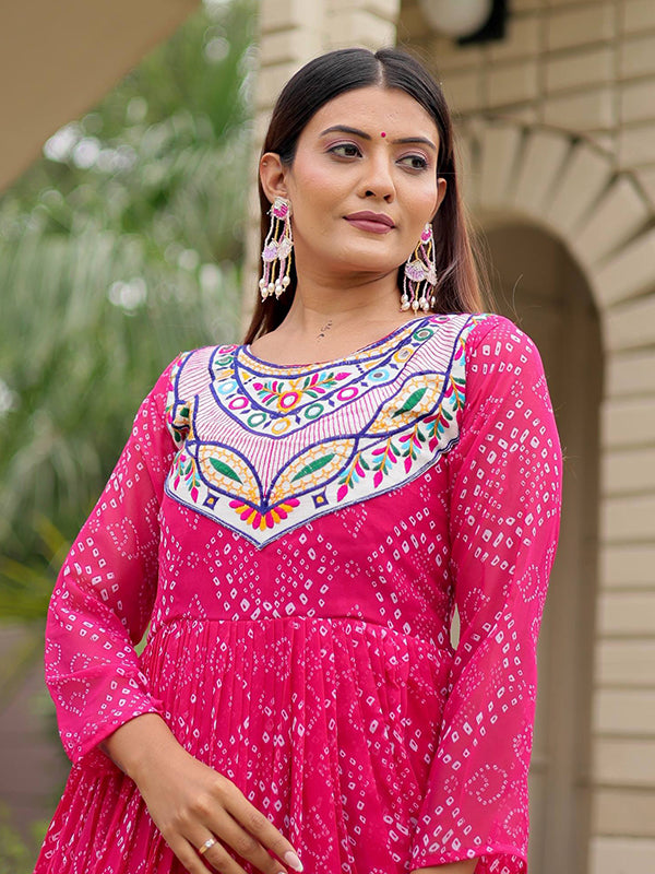 Pink Embroidery Thread Work Bandhani Printed Georgette Gown