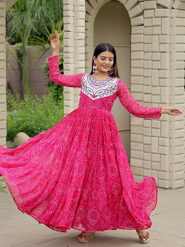 Pink Embroidery Thread Work Bandhani Printed Georgette Gown