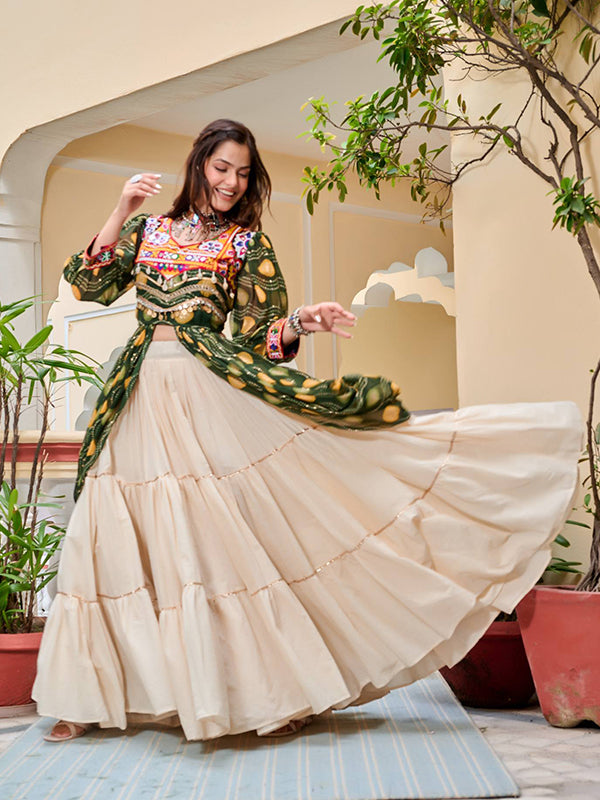 Green Pure Cotton Gamthi Work Top WIth Off White Cotton  Lehenga