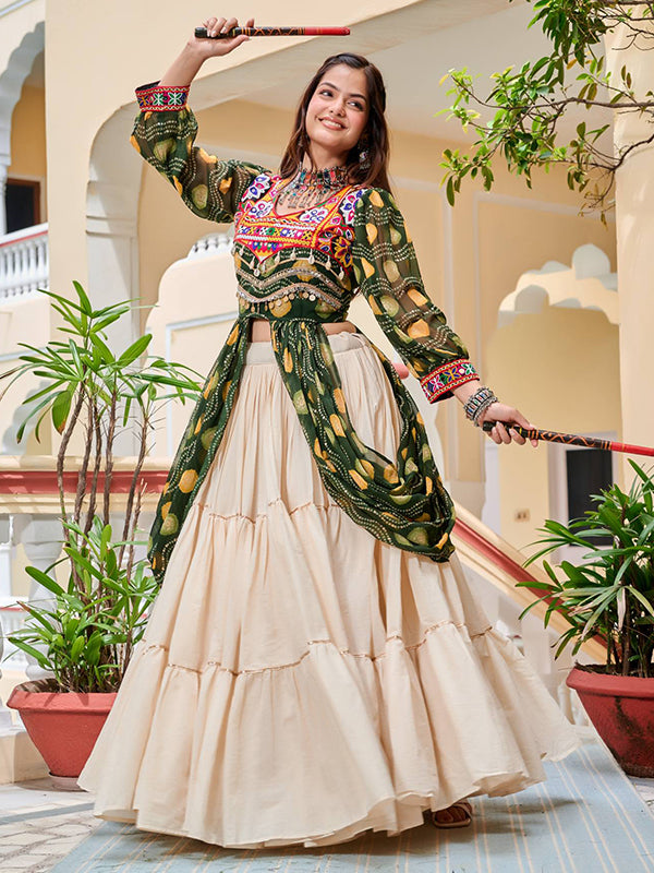 Green Pure Cotton Gamthi Work Top WIth Off White Cotton  Lehenga
