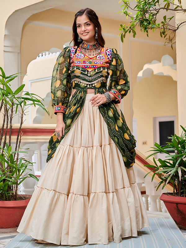 Green Pure Cotton Gamthi Work Top WIth Off White Cotton  Lehenga