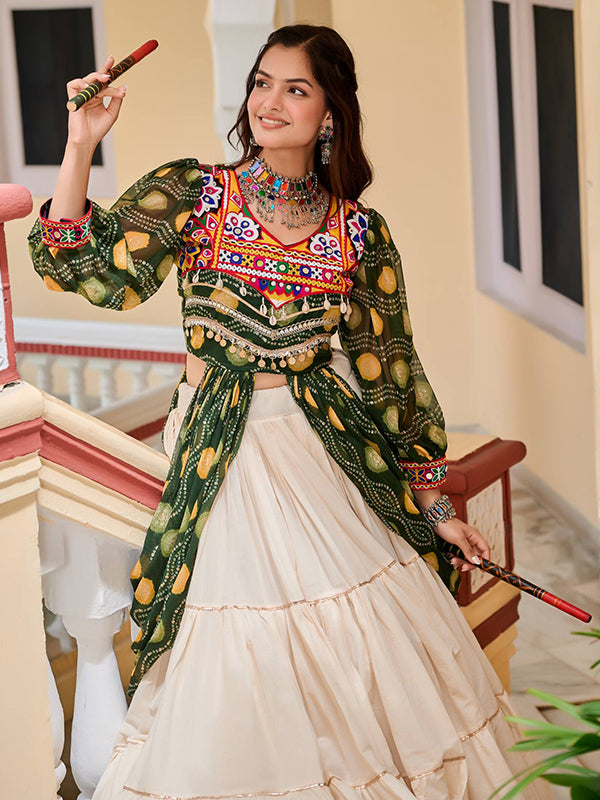 Green Pure Cotton Gamthi Work Top WIth Off White Cotton  Lehenga