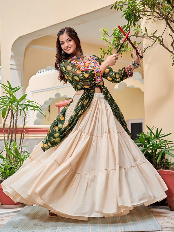 Green Pure Cotton Gamthi Work Top WIth Off White Cotton  Lehenga
