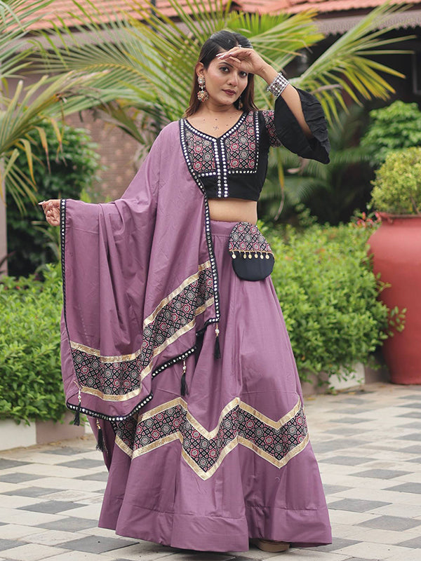 Mauve Ajarakh Print Pure Cotton Lehenga Choli With Dupatta