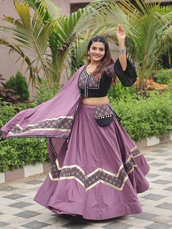 Mauve Ajarakh Print Pure Cotton Lehenga Choli With Dupatta