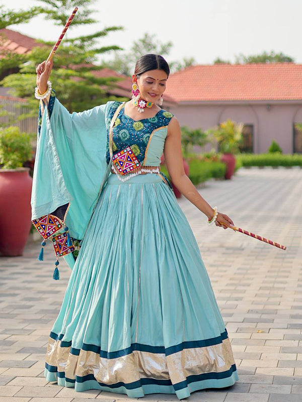 Sky Blue Gamthi Work Pure Cotton Lehenga Choli With Dupatta