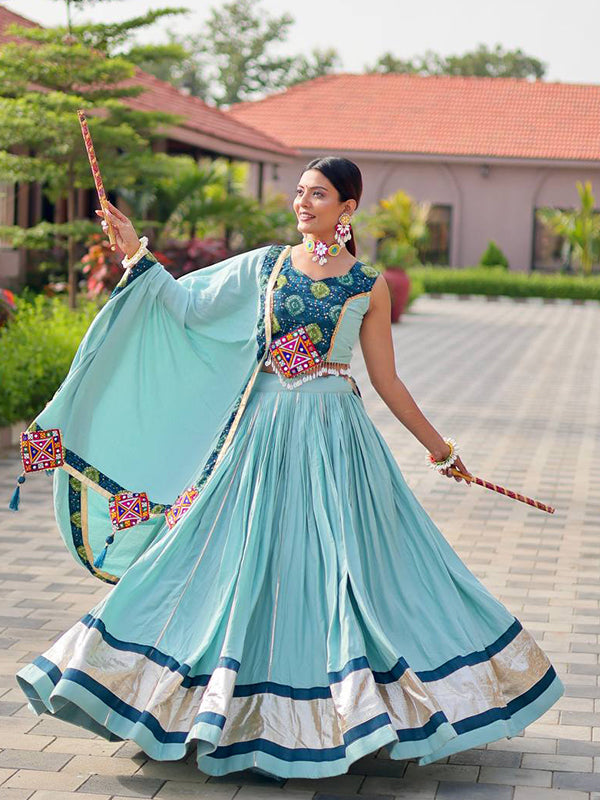 Sky Blue Gamthi Work Pure Cotton Lehenga Choli With Dupatta