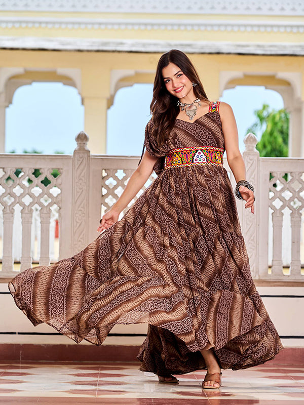 Brown Gamathi Work Bandhani Printed Faux Georgette Gown