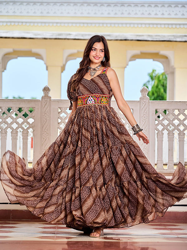 Brown Gamathi Work Bandhani Printed Faux Georgette Gown