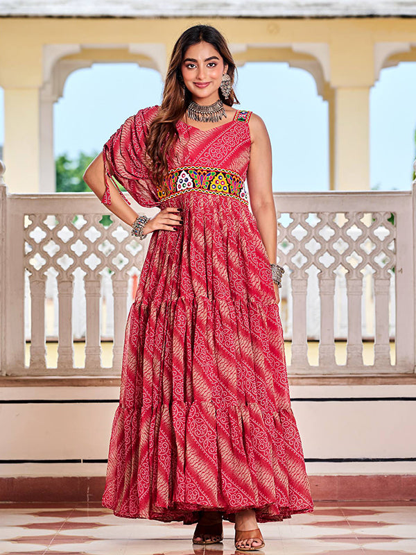 Maroon Gamathi Work Bandhani Printed Faux Georgette Gown