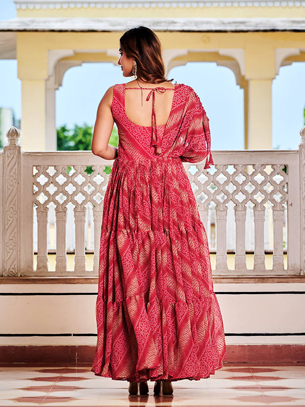 Maroon Gamathi Work Bandhani Printed Faux Georgette Gown