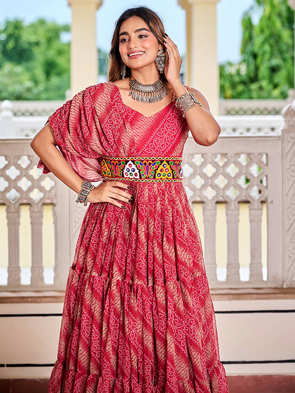 Maroon Gamathi Work Bandhani Printed Faux Georgette Gown