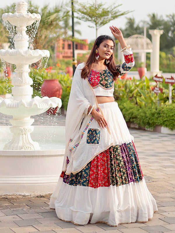 White Pure Cotton Multicolor Printed Lehenga Choli With Dupatta
