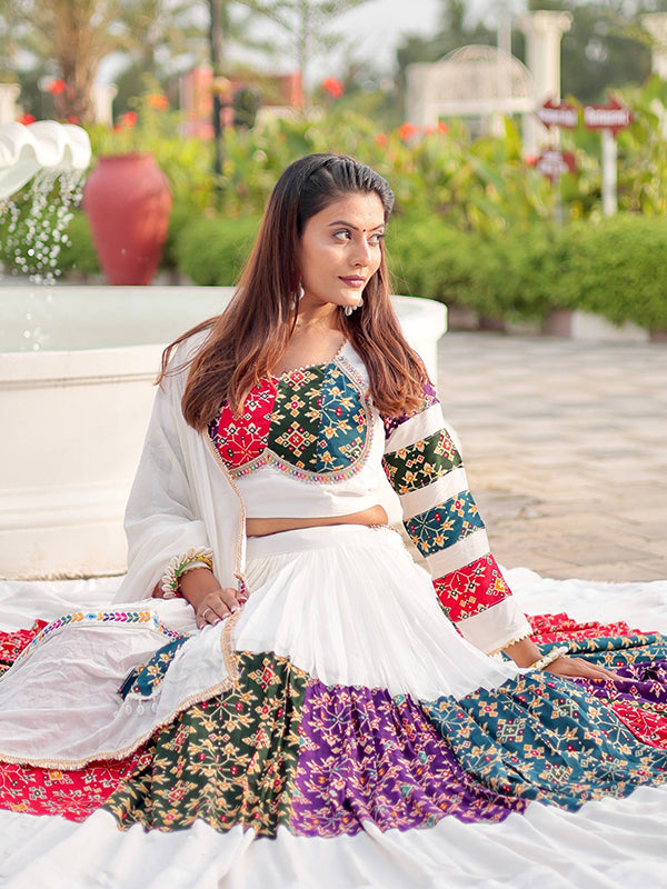 White Pure Cotton Multicolor Printed Lehenga Choli With Dupatta