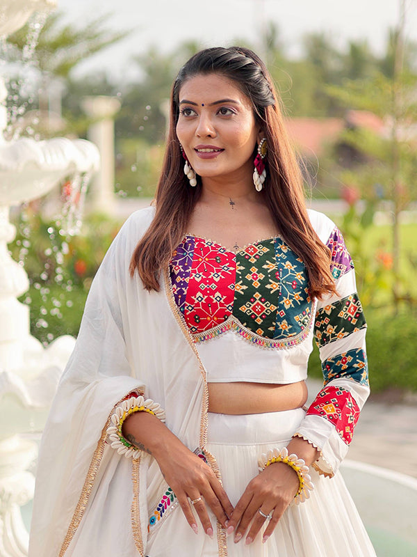 White Pure Cotton Multicolor Printed Lehenga Choli With Dupatta