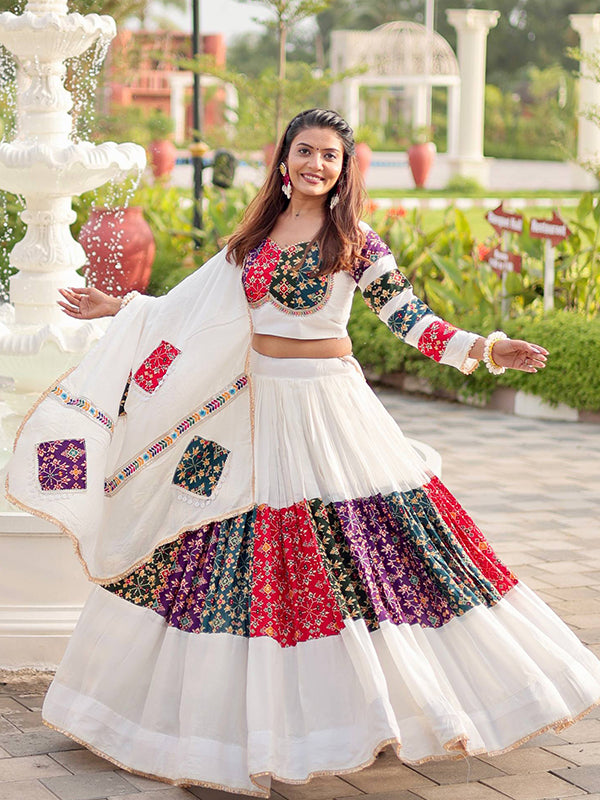 White Pure Cotton Multicolor Printed Lehenga Choli With Dupatta
