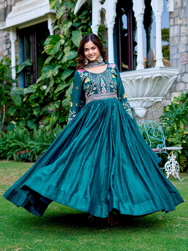 Teal Blue Sequins Embroidery Work Fendy Silk Gown With Dupatta