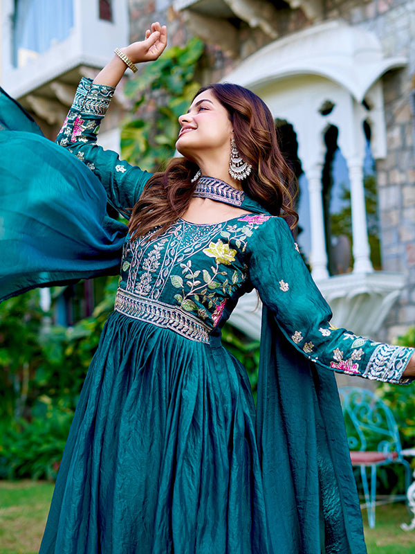 Teal Blue Sequins Embroidery Work Fendy Silk Gown With Dupatta