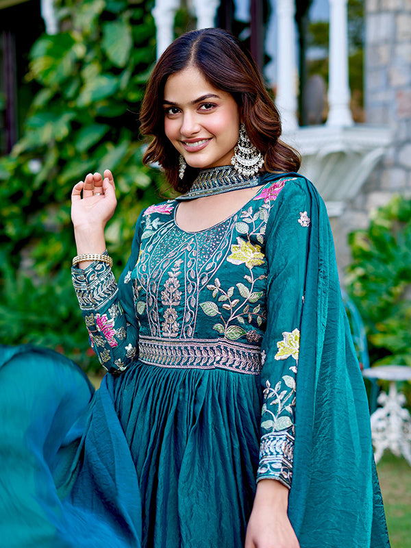 Teal Blue Sequins Embroidery Work Fendy Silk Gown With Dupatta