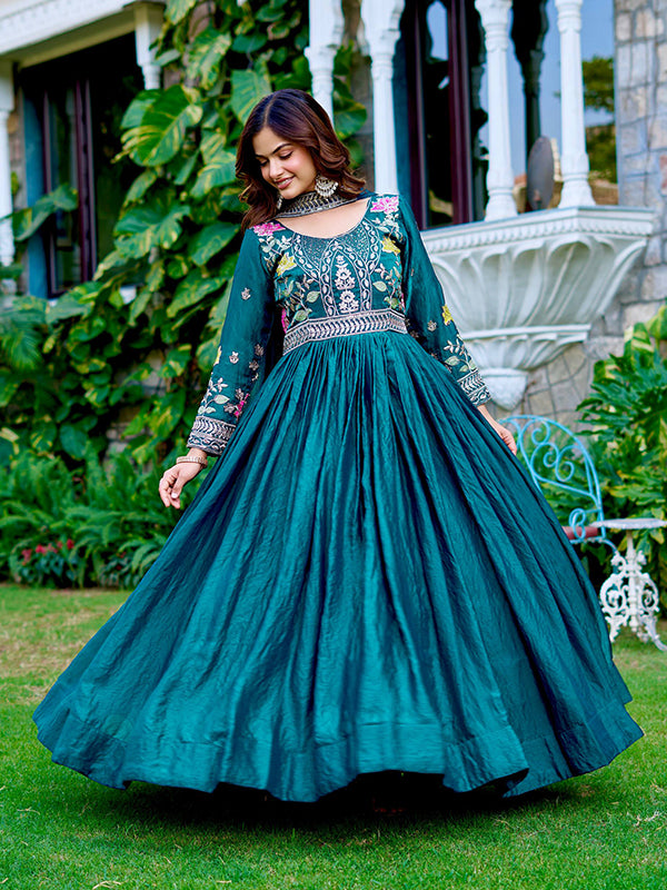 Teal Blue Sequins Embroidery Work Fendy Silk Gown With Dupatta