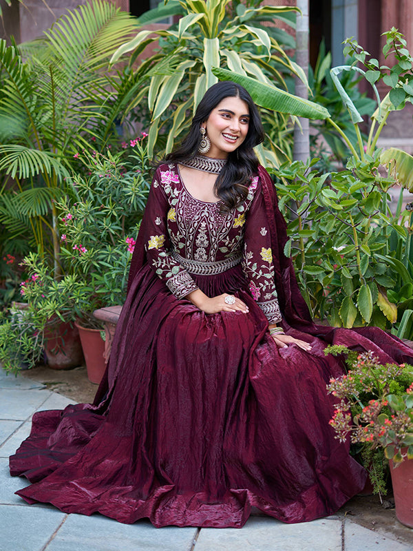 Wine Sequins Embroidery Work Fendy Silk Gown With Dupatta
