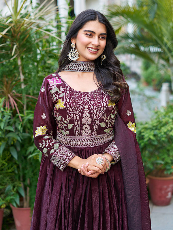 Wine Sequins Embroidery Work Fendy Silk Gown With Dupatta