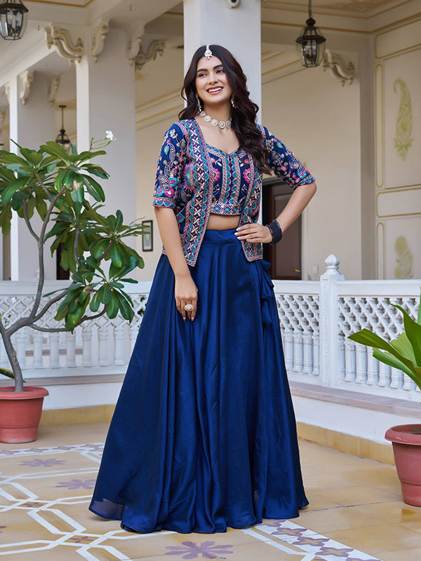 Blue Embroidery Thread Work Vichitra Silk Lehenga Choli With Koti