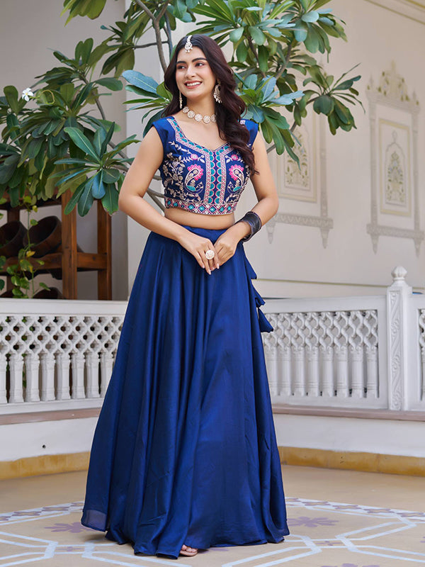 Blue Embroidery Thread Work Vichitra Silk Lehenga Choli With Koti