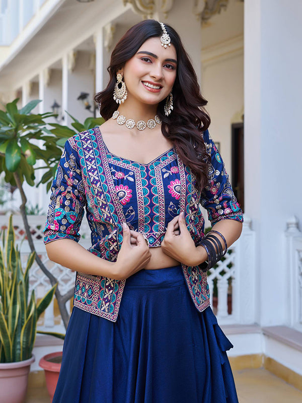 Blue Embroidery Thread Work Vichitra Silk Lehenga Choli With Koti