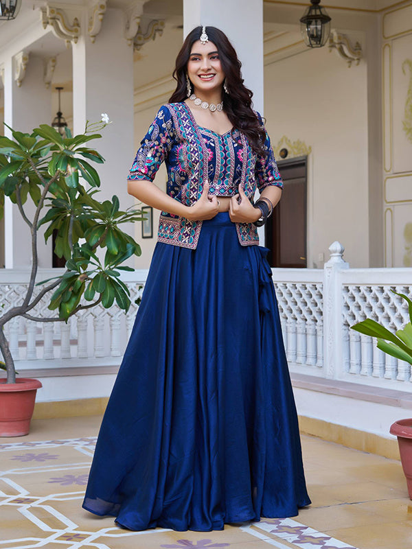 Blue Embroidery Thread Work Vichitra Silk Lehenga Choli With Koti