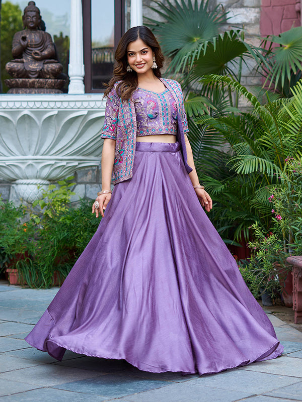 Lavender Embroidery Thread Work Vichitra Silk Lehenga Choli With Koti
