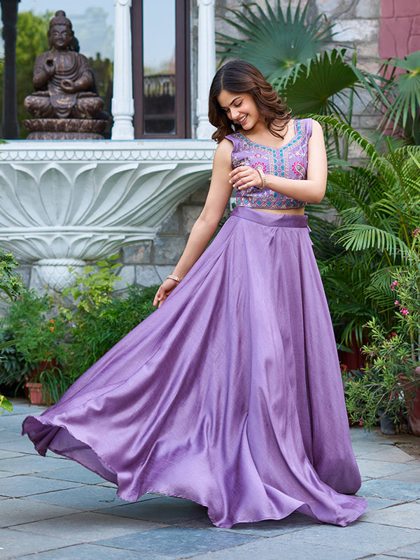 Lavender Embroidery Thread Work Vichitra Silk Lehenga Choli With Koti