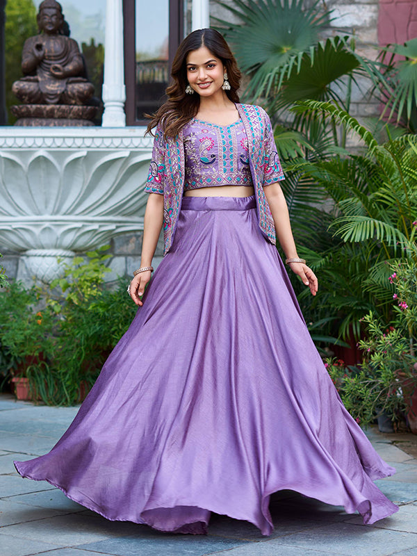 Lavender Embroidery Thread Work Vichitra Silk Lehenga Choli With Koti