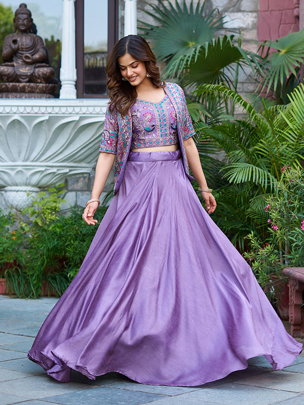 Lavender Embroidery Thread Work Vichitra Silk Lehenga Choli With Koti