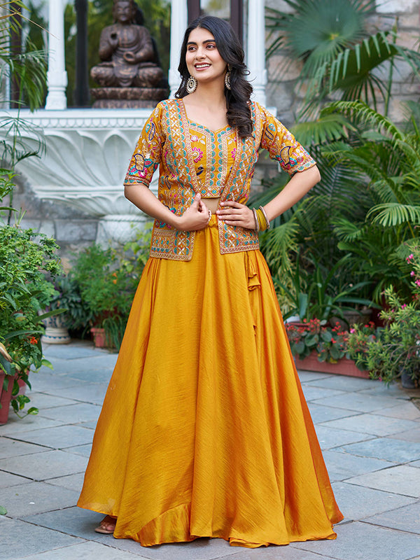 Mustard Yellow Embroidery Thread Work Vichitra Silk Lehenga Choli With Koti