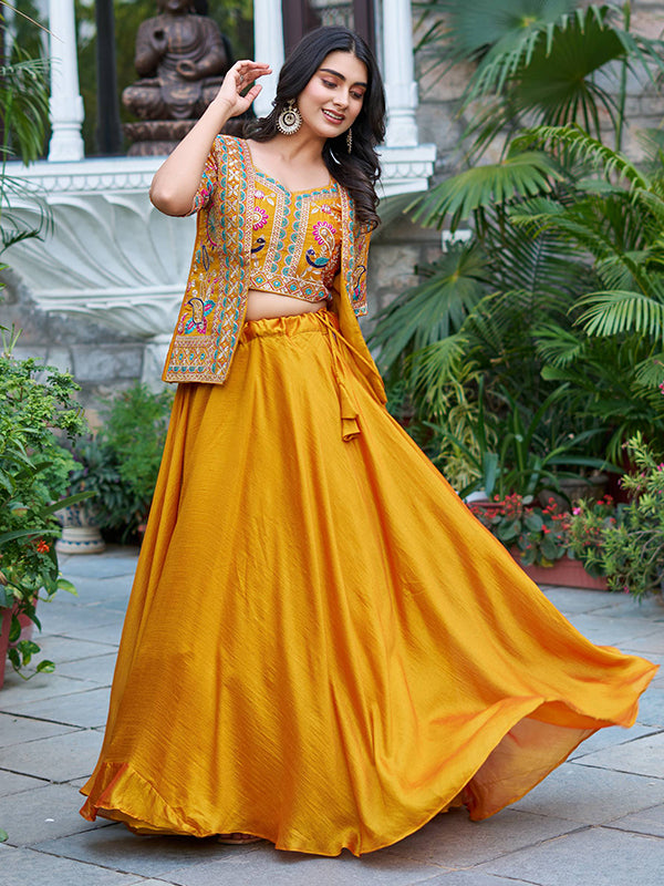 Mustard Yellow Embroidery Thread Work Vichitra Silk Lehenga Choli With Koti