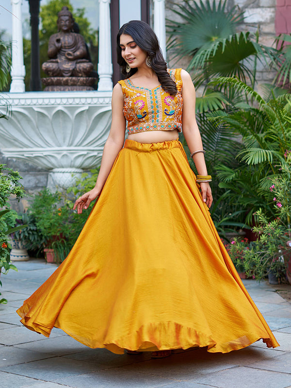 Mustard Yellow Embroidery Thread Work Vichitra Silk Lehenga Choli With Koti