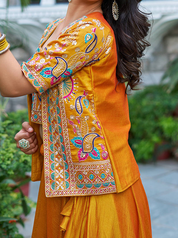 Mustard Yellow Embroidery Thread Work Vichitra Silk Lehenga Choli With Koti
