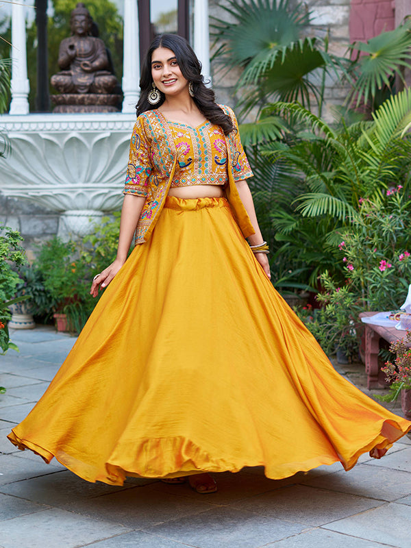 Mustard Yellow Embroidery Thread Work Vichitra Silk Lehenga Choli With Koti