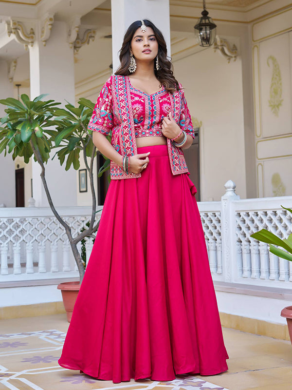 Pink Embroidery Thread Work Vichitra Silk Lehenga Choli With Koti