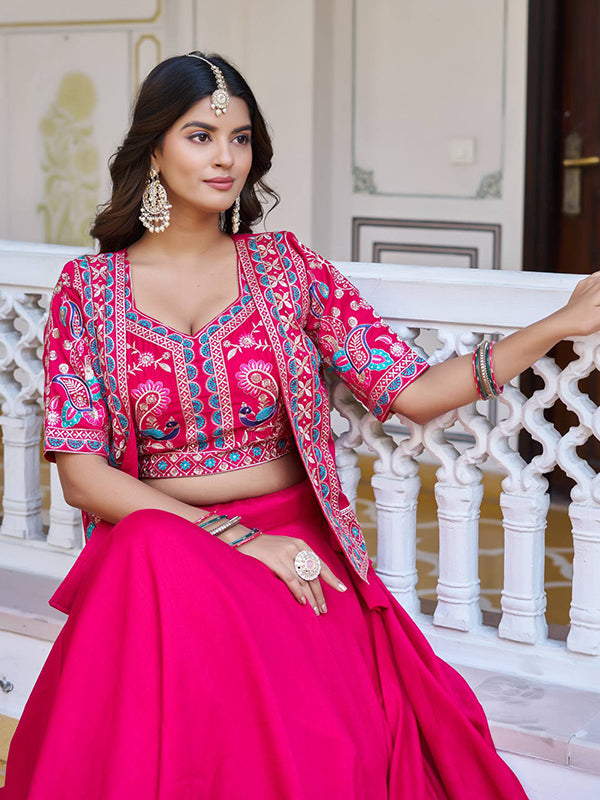 Pink Embroidery Thread Work Vichitra Silk Lehenga Choli With Koti