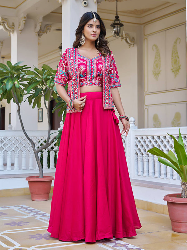 Pink Embroidery Thread Work Vichitra Silk Lehenga Choli With Koti