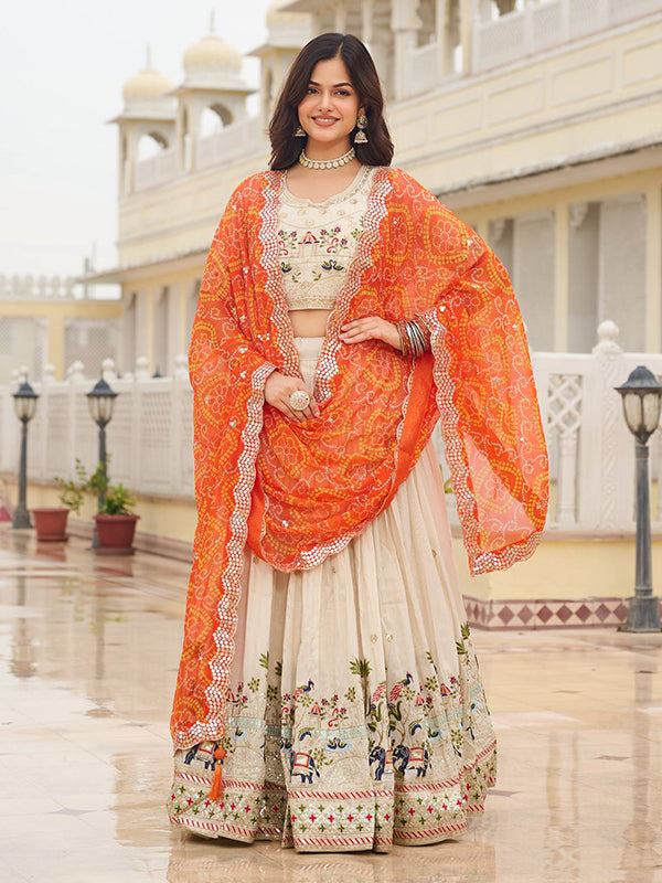 Off White Thread Sequence Work Tissue Silk Lehenga Choli With Orange B –  Niharika Jaipur