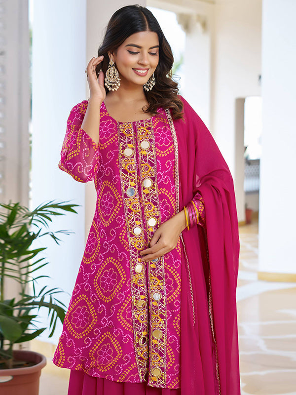Bandhani Printed Pink Mirror Work Georgette Plazzo Suit With Dupatta