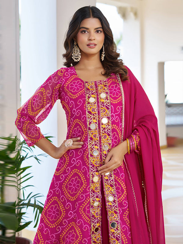Bandhani Printed Pink Mirror Work Georgette Plazzo Suit With Dupatta