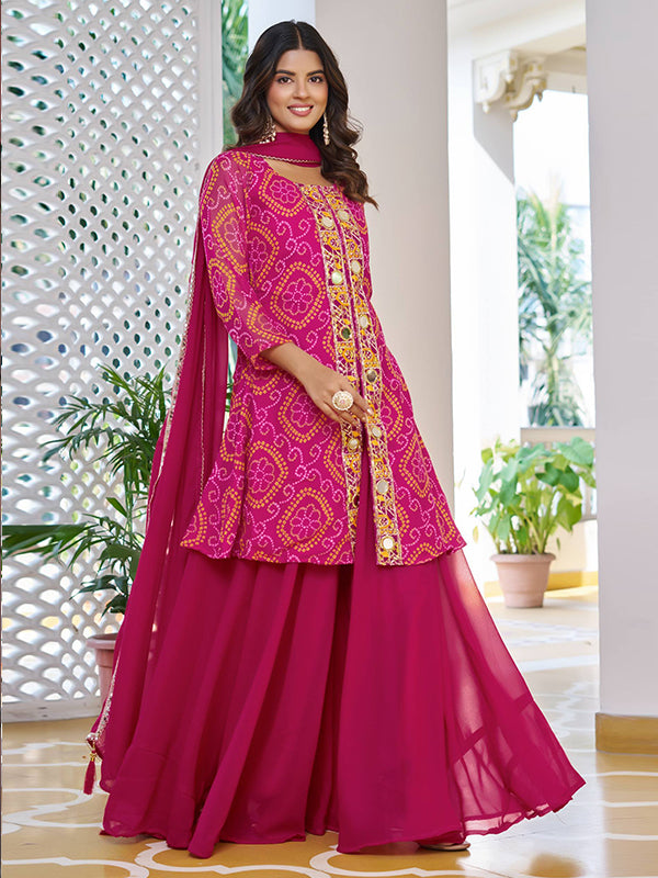 Bandhani Printed Pink Mirror Work Georgette Plazzo Suit With Dupatta