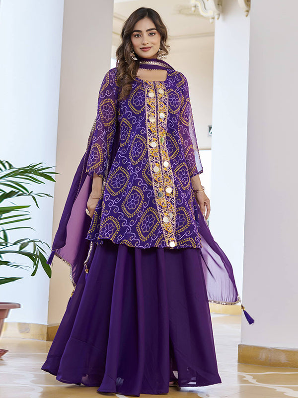 Bandhani Printed Purple Mirror Work Georgette Plazzo Suit With Dupatta