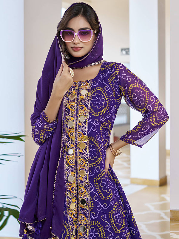 Bandhani Printed Purple Mirror Work Georgette Plazzo Suit With Dupatta